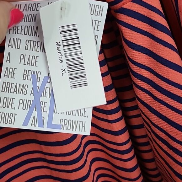 NWT LuLaRoe Maurine Dress XL 14/16 Red Stripe Bell Sleeve Ruffle Shift Swing - Picture 3 of 11